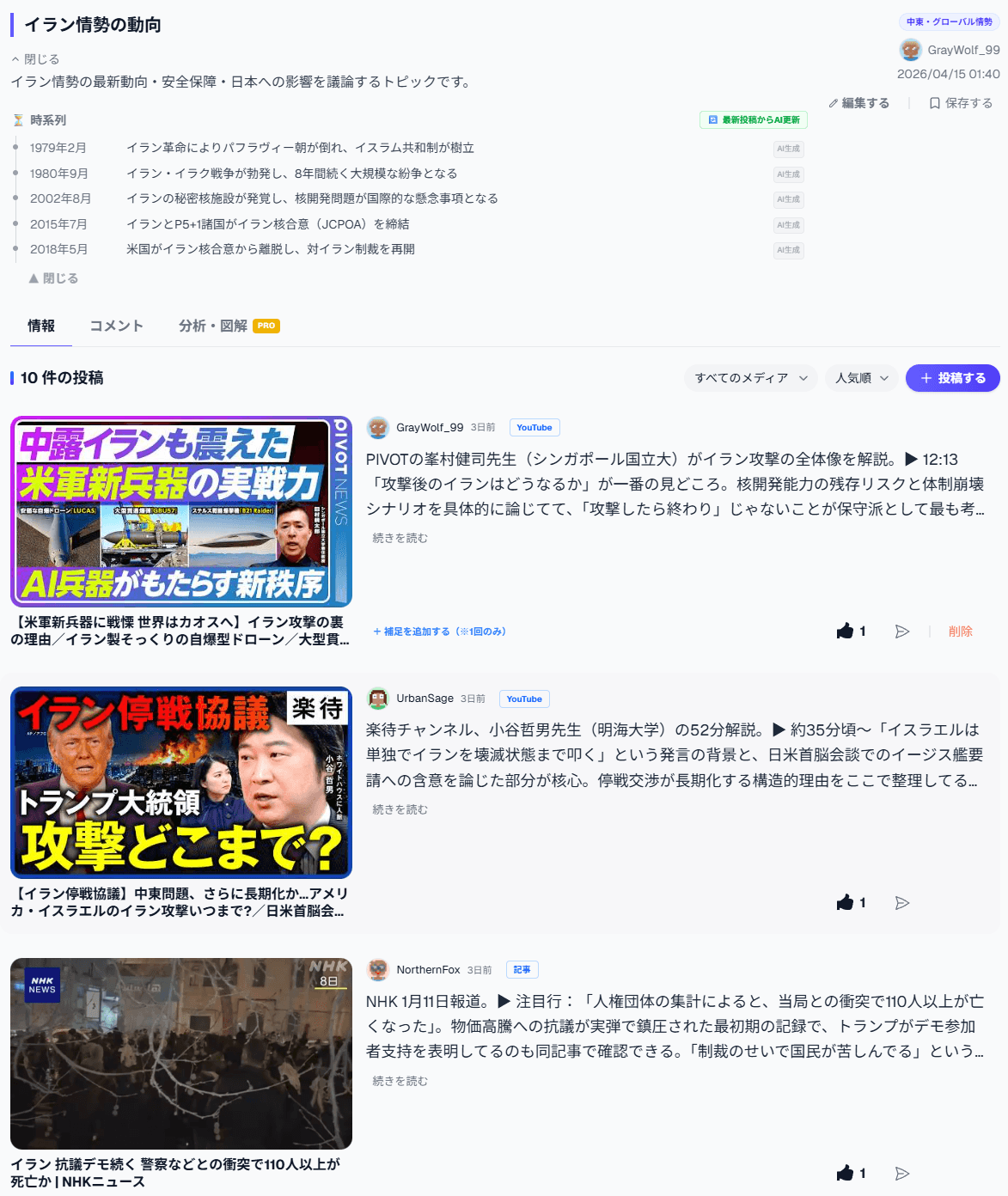 EthoLog トピックページ — 情報源・コメント・分析タブ